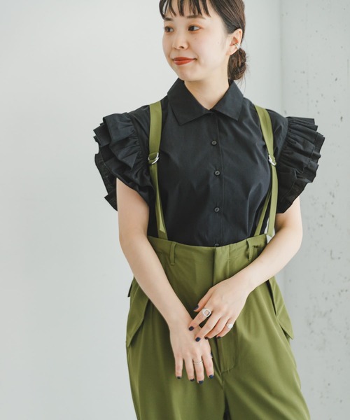 ITEMS URBANRESEARCH（アイテムズ アーバンリサーチ）の「フリルショートブラウス（シャツ/ブラウス・レディース・ストライプ/ブラック・FREE）」の3枚目の写真