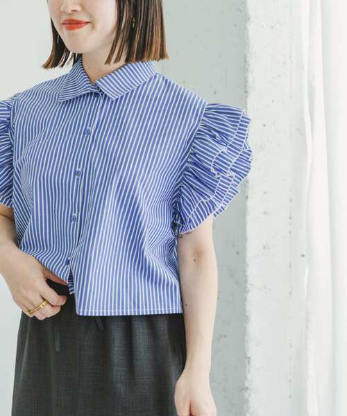 ITEMS URBANRESEARCH（アイテムズ アーバンリサーチ）の「フリルショートブラウス（シャツ/ブラウス・レディース・ストライプ/ブラック・FREE）」の10枚目の写真