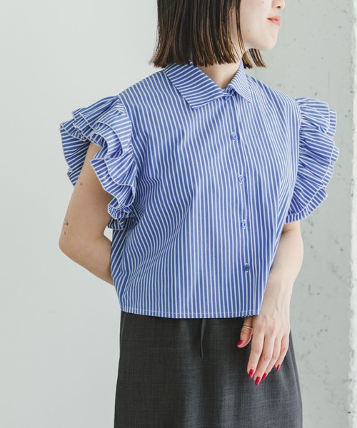ITEMS URBANRESEARCH（アイテムズ アーバンリサーチ）の「フリルショートブラウス（シャツ/ブラウス・レディース・ストライプ/ブラック・FREE）」の11枚目の写真