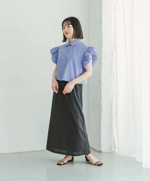 ITEMS URBANRESEARCH（アイテムズ アーバンリサーチ）の「フリルショートブラウス（シャツ/ブラウス・レディース・ストライプ/ブラック・FREE）」の13枚目の写真