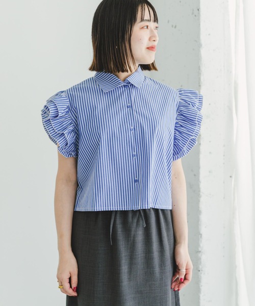 ITEMS URBANRESEARCH（アイテムズ アーバンリサーチ）の「フリルショートブラウス（シャツ/ブラウス・レディース・ストライプ/ブラック・FREE）」の15枚目の写真