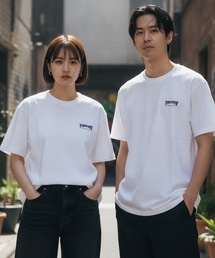 HOMETOWN emb S/S T-SHIRTS/スラッシャーボックスシルエットワンポイント刺繍ブランドロゴ半袖Tシャツ