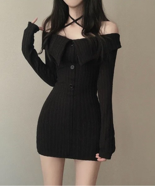 セール】クロスネックオフショルワイドリブニットワンピース