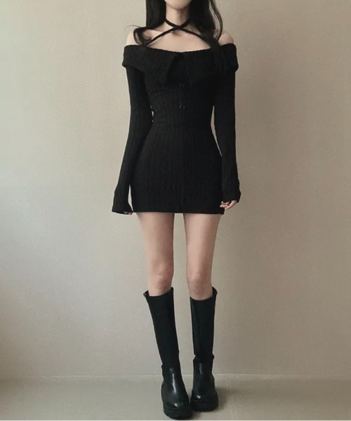 セール】クロスネックオフショルワイドリブニットワンピース