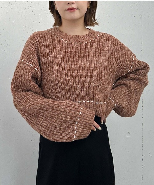 archives（アルシーヴ）の「配色ステッチメランジショートニット（ニット/セーター・レディース・ブラック/グレー/ブルー/オレンジ・MEDIUM）」の4枚目の写真