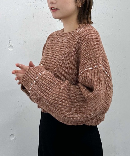 archives（アルシーヴ）の「配色ステッチメランジショートニット（ニット/セーター・レディース・ブラック/グレー/ブルー/オレンジ・MEDIUM）」の7枚目の写真