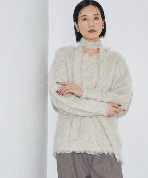 Firsthand（ファーストハンド）の「Firsthand/ファーストハンド タイ付きシャギーニット（ニット/セーター・レディース・ブラック/ベージュ・FREE）」の5枚目の写真