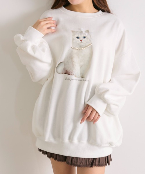 OLIVE des OLIVE（オリーブデオリーブ）の「【SNSで話題/裏起毛】おめかしネコスウェット（スウェット・レディース・オフホワイト/サックスブルー/スミクロ/ピンク・FREE）」の15枚目の写真