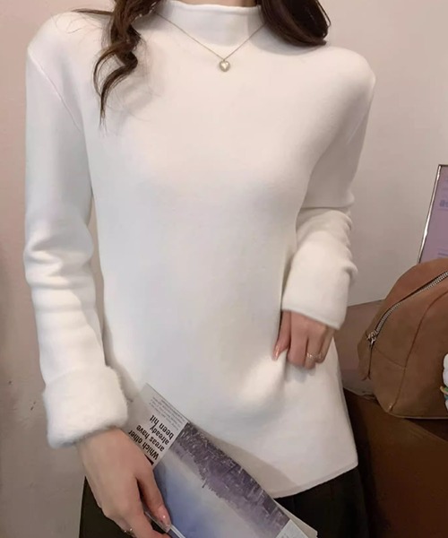 aimoha(アイモハ)の「裏起毛モックネックトップス(Tシャツ/カットソー・レディース・ブラック/ライトグレー/ベージュ/ホワイト/グリーン/ライトベージュ・FREE)」の14枚目の写真