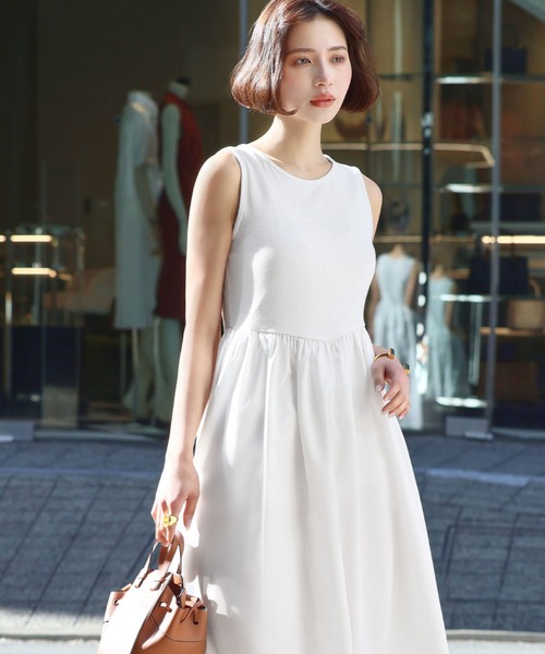 バイカラー　異素材　ドッキングワンピース　ロングワンピース　光沢&フリース　海外 FREE STYLISTS ワンピース バイカラー異素材ドッキング
