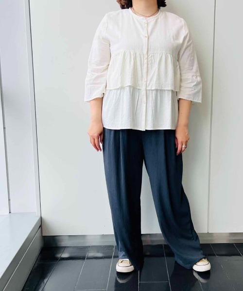 leswel（レスウェル）の「【L～5L 大きいサイズ】ドビーストライプ前開きティアードブラウス 7分袖（シャツ/ブラウス・レディース・オレンジ/クリーム/ブルー・L/LL/5L/3L/4L）」の20枚目の写真