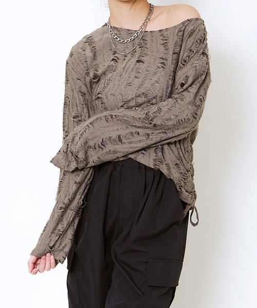 GORGE(ゴージ)の「脇ドロストダメージトップス(Tシャツ/カットソー・レディース・ブラウン/チャコール・F)」の1枚目の写真