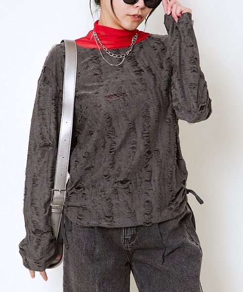 GORGE(ゴージ)の「脇ドロストダメージトップス(Tシャツ/カットソー・レディース・ブラウン/チャコール・F)」の6枚目の写真