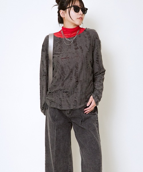 GORGE(ゴージ)の「脇ドロストダメージトップス(Tシャツ/カットソー・レディース・ブラウン/チャコール・F)」の7枚目の写真