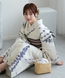 浜松注染浴衣3点セット 綿麻×刺し子 錆鼠に渦（浴衣）｜utatane