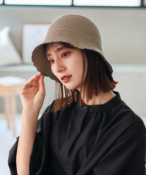 VitaFelice（ヴィータフェリーチェ）の「スカラップサーモチューリップハット バイカラー バケットハット 深め ペーパーハット クローシュハット（ハット・レディース・ベージュ/モカ/ブラック・FREE）」の11枚目の写真