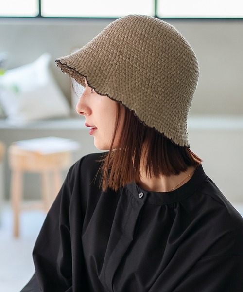 VitaFelice（ヴィータフェリーチェ）の「スカラップサーモチューリップハット バイカラー バケットハット 深め ペーパーハット クローシュハット（ハット・レディース・ベージュ/モカ/ブラック・FREE）」の9枚目の写真