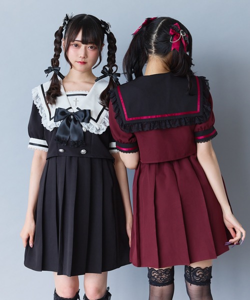 DearMyLove（ディアマイラブ）の「闇学園クロスワンピース（ワンピース・レディース・パープル/ボルドー/ラベンダー/ブラック×ホワイト/ベビーピンク・MEDIUM/LARGE/LL/3L）」の2枚目の写真