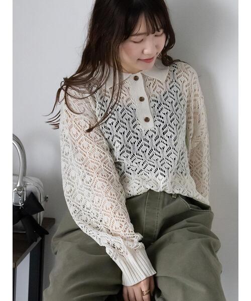 ehka sopo（エヘカソポ）の「透かし編みニットポロシャツ（ニット/セーター・レディース・ブルー/ミント/オフホワイト・F）」の2枚目の写真