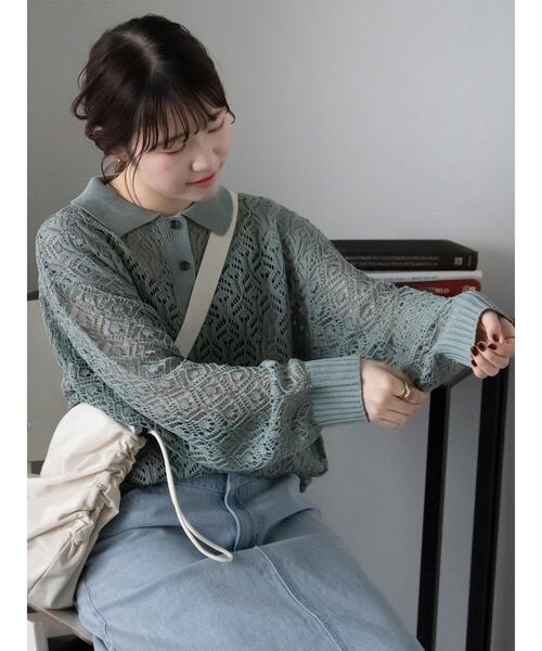 ehka sopo（エヘカソポ）の「透かし編みニットポロシャツ（ニット/セーター・レディース・ブルー/ミント/オフホワイト・F）」の3枚目の写真