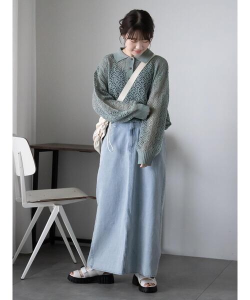 ehka sopo（エヘカソポ）の「透かし編みニットポロシャツ（ニット/セーター・レディース・ブルー/ミント/オフホワイト・F）」の13枚目の写真