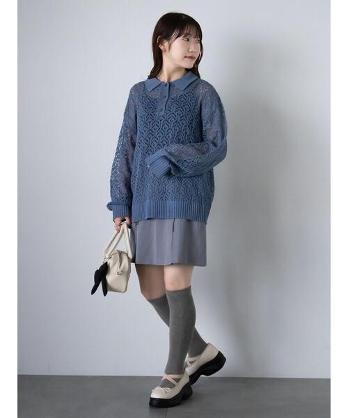ehka sopo（エヘカソポ）の「透かし編みニットポロシャツ（ニット/セーター・レディース・ブルー/ミント/オフホワイト・F）」の21枚目の写真