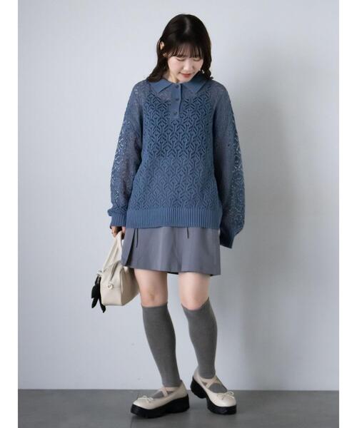 ehka sopo（エヘカソポ）の「透かし編みニットポロシャツ（ニット/セーター・レディース・ブルー/ミント/オフホワイト・F）」の22枚目の写真
