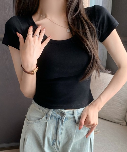 Songe(ソンジュ)の「Uネック半袖Tシャツ(Tシャツ/カットソー・レディース・ホワイト/グリーン/グレー/ブラック・L/M)」の10枚目の写真