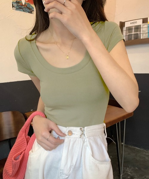 Songe(ソンジュ)の「Uネック半袖Tシャツ(Tシャツ/カットソー・レディース・ホワイト/グリーン/グレー/ブラック・L/M)」の17枚目の写真