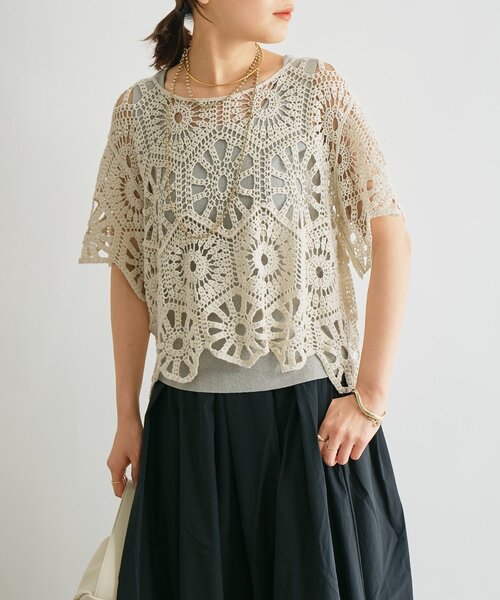 大人かわいい》クロシェ編みハーフスリーブトップス（ニット
