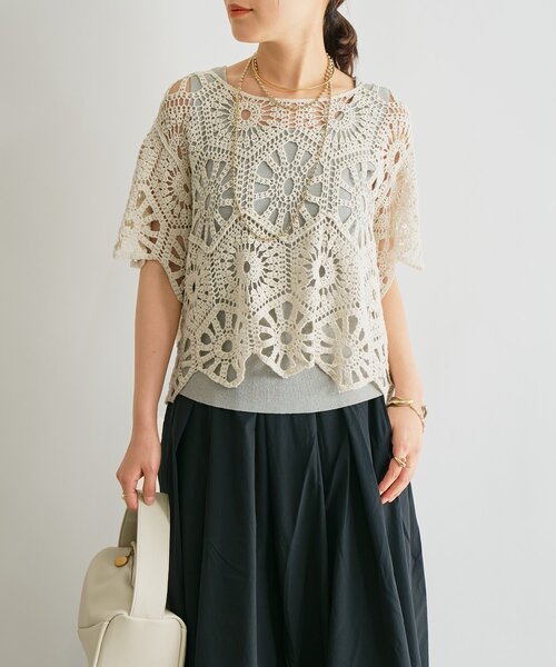 【MISCHIEF】 ロンバス クロシェ ニット ショート スリーブ 40％off】クロシェショートスリーブニット(ブラック) - seventen