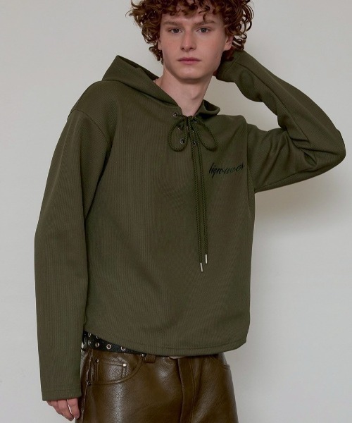 ESC STUDIO(イーエスシースタジオ)の「【ESC STUDIO】eyelet waffle hoodie / 【イーエスシースタジオ】アイレットワッフル長袖パーカー(Tシャツ/カットソー・メンズ・ブラック/カーキ/ブラウン・ONE SIZE)」の3枚目の写真