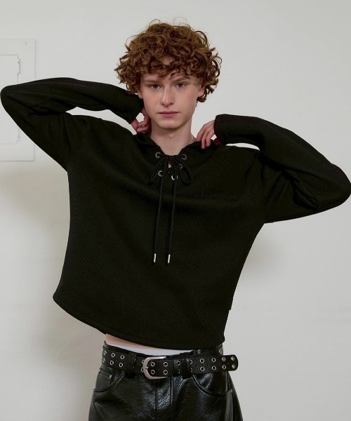 ESC STUDIO(イーエスシースタジオ)の「【ESC STUDIO】eyelet waffle hoodie / 【イーエスシースタジオ】アイレットワッフル長袖パーカー(Tシャツ/カットソー・メンズ・ブラック/カーキ/ブラウン・ONE SIZE)」の2枚目の写真