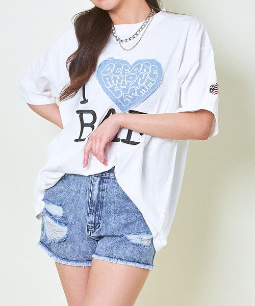 GORGE（ゴージ）の「《デニムハート×ビッグロゴ》レディース オーバーサイズ Tシャツ カジュアル 半袖 春夏秋（Tシャツ/カットソー・レディース・レッド/ブラック/オフホワイト・F）」の13枚目の写真