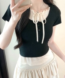 フェイクレイヤード胸リボントップス 半袖