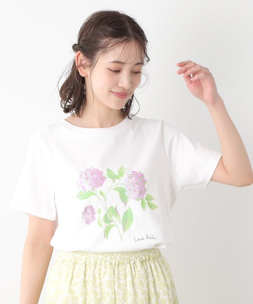 LAURA ASHLEY(ローラアシュレイ)の「【コットン100%/洗える】ハイドランジア柄Tシャツ(Tシャツ/カットソー・レディース・サックスブルー/オフホワイト/ネイビー・38/40)」の1枚目の写真