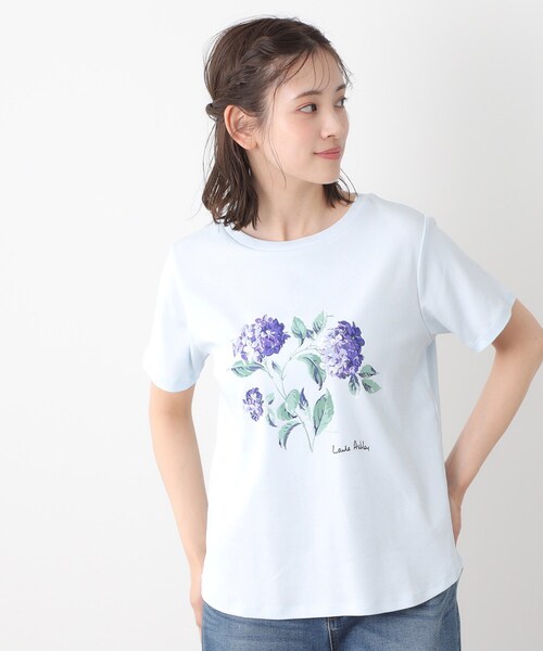 LAURA ASHLEY(ローラアシュレイ)の「【コットン100%/洗える】ハイドランジア柄Tシャツ(Tシャツ/カットソー・レディース・サックスブルー/オフホワイト/ネイビー・38/40)」の3枚目の写真