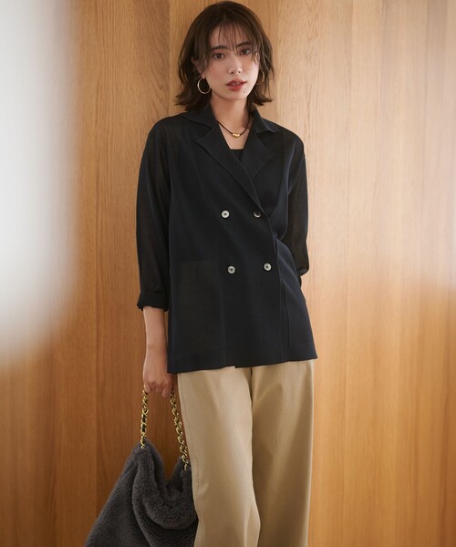 洗える】シアー ダブルブレスト ニット ジャケット