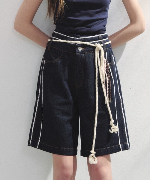 SunsetPark(サンセットパーク)の「ダブルウエスト レースデザインハーフパンツ SP25s076【SunsetPark】(デニムパンツ・レディース・ブルー/ライトブルー・L/M/S)」の2枚目の写真