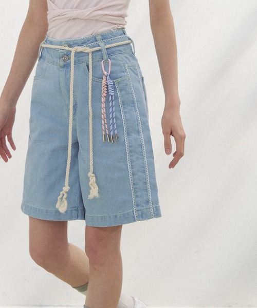 SunsetPark(サンセットパーク)の「ダブルウエスト レースデザインハーフパンツ SP25s076【SunsetPark】(デニムパンツ・レディース・ブルー/ライトブルー・L/M/S)」の1枚目の写真