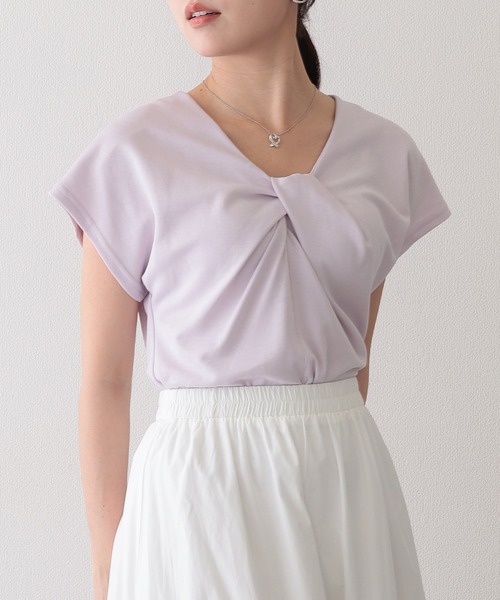 Lace Ladies(レースレディース)の「Vネック フロント ツイスト フレンチスリーブ Tシャツ(Tシャツ/カットソー・レディース・グレー/ホワイト/ネイビー/ブラック/ラベンダー・FREE)」の5枚目の写真