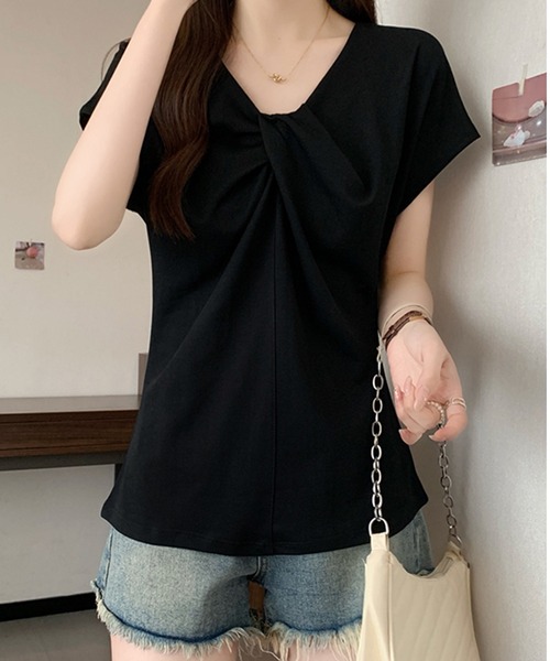 Lace Ladies(レースレディース)の「Vネック フロント ツイスト フレンチスリーブ Tシャツ(Tシャツ/カットソー・レディース・グレー/ホワイト/ネイビー/ブラック/ラベンダー・FREE)」の2枚目の写真