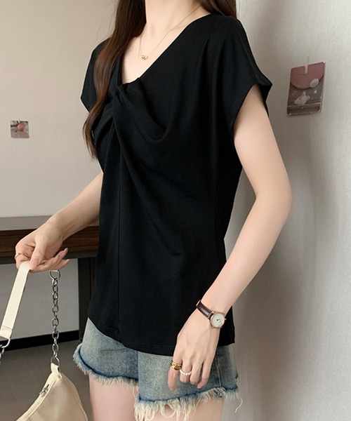 Lace Ladies(レースレディース)の「Vネック フロント ツイスト フレンチスリーブ Tシャツ(Tシャツ/カットソー・レディース・グレー/ホワイト/ネイビー/ブラック/ラベンダー・FREE)」の6枚目の写真