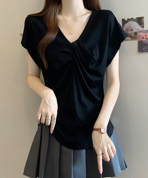 Lace Ladies(レースレディース)の「Vネック フロント ツイスト フレンチスリーブ Tシャツ(Tシャツ/カットソー・レディース・グレー/ホワイト/ネイビー/ブラック/ラベンダー・FREE)」の7枚目の写真