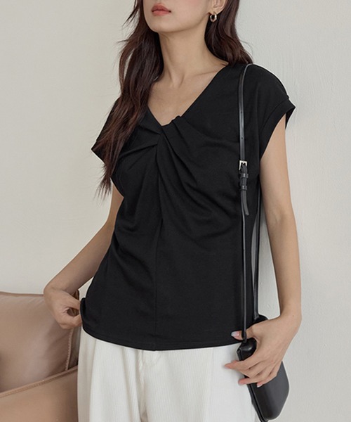Lace Ladies(レースレディース)の「Vネック フロント ツイスト フレンチスリーブ Tシャツ(Tシャツ/カットソー・レディース・グレー/ホワイト/ネイビー/ブラック/ラベンダー・FREE)」の8枚目の写真