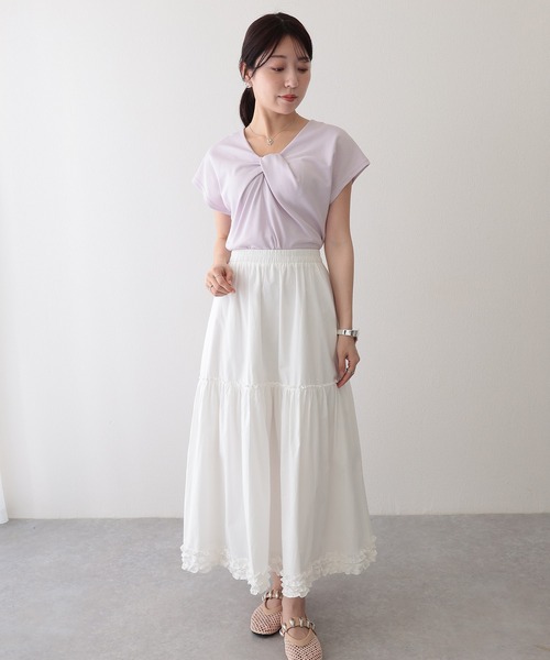 Lace Ladies(レースレディース)の「Vネック フロント ツイスト フレンチスリーブ Tシャツ(Tシャツ/カットソー・レディース・グレー/ホワイト/ネイビー/ブラック/ラベンダー・FREE)」の16枚目の写真