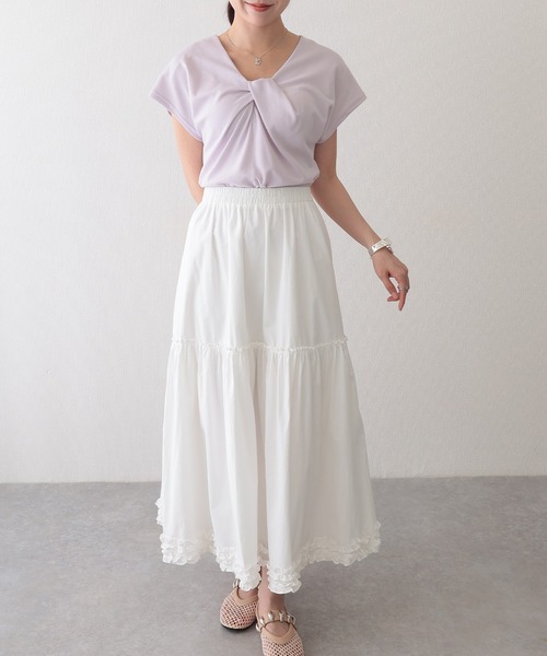 Lace Ladies(レースレディース)の「Vネック フロント ツイスト フレンチスリーブ Tシャツ(Tシャツ/カットソー・レディース・グレー/ホワイト/ネイビー/ブラック/ラベンダー・FREE)」の19枚目の写真