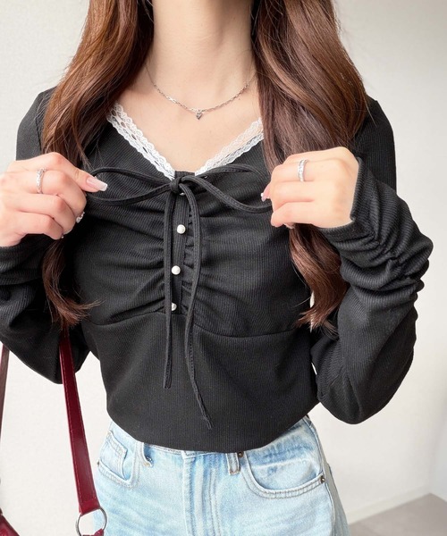 mily bilet（ミウィビレット）の「【mily bilet】繊細なディテールで魅せる、大人の甘めスタイル。テレコレースパールトップス（長袖）（Tシャツ/カットソー・レディース・ブルー/ブラック/ブラウン系1/アイボリー系1・LARGE/MEDIUM/SMALL/X-LARGE）」の9枚目の写真