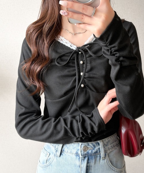 mily bilet（ミウィビレット）の「【mily bilet】繊細なディテールで魅せる、大人の甘めスタイル。テレコレースパールトップス（長袖）（Tシャツ/カットソー・レディース・ブルー/ブラック/ブラウン系1/アイボリー系1・LARGE/MEDIUM/SMALL/X-LARGE）」の13枚目の写真