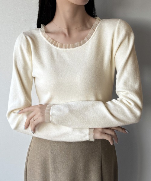 mipiarl（ミピアール）の「シアーフリルニットトップス（ニット/セーター・レディース・ブラック/チャコール/アイボリー・LARGE/MEDIUM）」の16枚目の写真